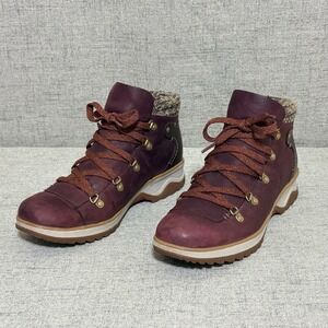 Merrell Women Wine Leather Knit Collar Hiking Boots Size 9 Burgundy